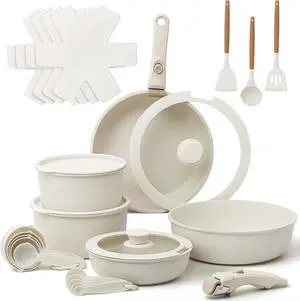 28Pcs Pots and Pans Set Non Stick, Cookware Set Detachable Handle, Space Saving Pots Set, Induction RV Kitchen Cooking Set, Oven Safe, Stackable Nonstick Set with Frying Pans, Cream White