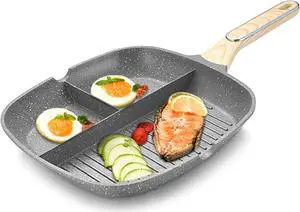 JUSTUP Nonstick Grill Pan, 3-in-1 Egg Pan 11 Inch Non Stick Skillet Pan, Heat Resistant Handle 3 Section Skillet Pancake Pan, Divided Pan Cooking Pan for Breakfast, Egg, Bacon and Burgers