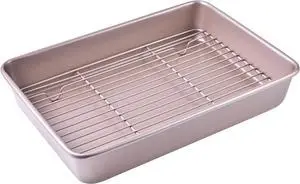 Roasting Pan with Rack, Non-Stick Rectangular Deep Dish Oven-BBQ Bakeware for Oven Baking 13.78" x 9.84" x 2.36" (Champagne Gold)