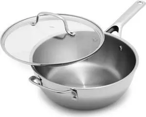 OXO Agility Tri-Ply Stainless Steel 3.57QT Chefs Pan with Lid, Induction Suitable Cookware, Sauce Pan, Ultra-Durable, Quick Even Heating, Measurement Markings, Pouring Rim, Dishwasher and Oven Safe