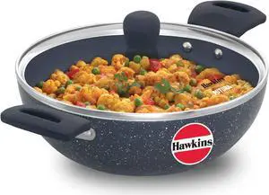 HAWKINS Ceramic Nonstick 2.5 Litre Deep Kadhai, Induction Deep Fry Pan with Glass Lid, Granite Kadai (ICK25G)