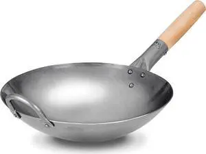 Craft Wok Traditional Hand Hammered Carbon Steel Pow Wok with Wooden and Steel Helper Handle (12 Inch, Round Bottom) / 731W88-12in
