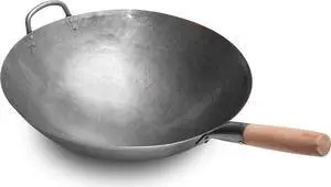 Craft Wok Big 16 Inch Heavy Hand Hammered Carbon Steel Pow Wok with Wooden and Steel Helper Handle (Round Bottom) / 731W138