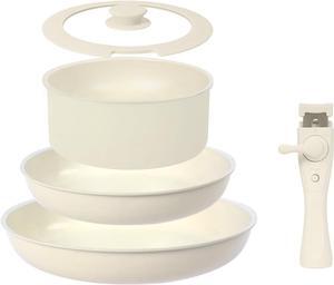 Ceramic Nonstick Cookware Set 5 Piece with Detachable Handle, Induction Dishwasher Oven Safe Pans and Pots Set, RV Kicthen Set Removable Handle, Cream White