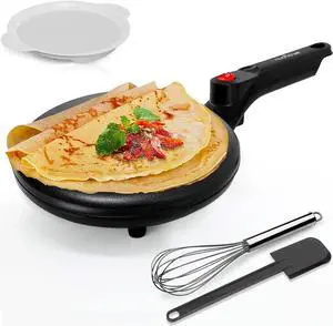 Nutrichef Electric Crepe Maker | 8-inch Nonstick Cooktop with On/Off Switch | Cooks Roti, Tortillas & Pancakes | Automatic Temperature Control & Cool Touch Handle | Includes Food Bowl, Whisk & Spatula