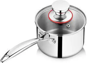 P&P CHEF Small 1 Qt Saucepan, Tri-Ply Stainless Steel Milk Sauce Pan with Glass Lid, Kitchen Induction Cookware for Cooking Boiling Stewing, Dishwasher Safe, Silver