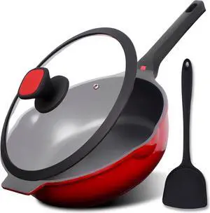 DIIG Nonstick Deep Frying Pan Skillet with Lid, 12 inch/ 5.5 QT Saute Pan with Silicone Spatula, Sauce Pan Cookware Cooking Chef Pan, Cast Aluminum Induction Compatible, Ruby Red