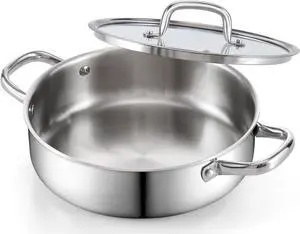 Cook N Home Deep Saute Pan with Lid 4 Quart, Tri-Ply Clad Stainless Steel Deep Frying Pan, 10.5 Inch Skillet, Induction Cooking Pan Kitchen Pan, Silve