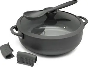 Nativo Nonstick Nontoxic Ceramic Caldero Dutch Oven with Glass Lid, Spoon Rest, Silicone Handle Protectors and Silicone Spatula (GRAY, 5 QT)