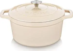 vancasso Cast Iron Dutch Oven, 6 QT Dutch Oven Pot with Lid and Dual Handles, Round Dutch Oven Cast Iron Pot with Non Stick Enamel Coating for Bread Baking, White Dutch Oven for Kitchen