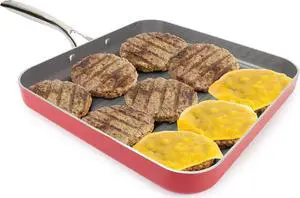 EaZy MealZ Square Non-Stick Grill Pan for Stove, Light weight, Perfect Grill Marks, Oven Safe up to 500 Degrees, Extra Large, 12" Red