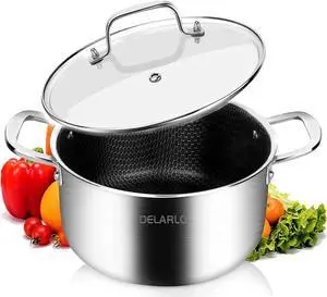 DELARLO Tri-Ply Stainless Steel Stock Pot, 5QT Non Stick Pots, Induction Ready, Cooking Pots with Lids, Stockpot 600 Oven Safe, 18/8 Food Grade Cookware, Soup Pot, Energy Saving, Lids 350