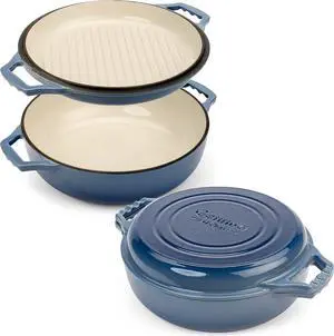 2-in-1 Enameled Cast Iron Braiser Pan with Grill Lid - 3.3-Quart Small Dutch Oven, Serves as Both Casserole & Stovetop Grill Pan, Cast Iron Cookware