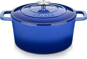 Velaze 6 QT Enameled Dutch Oven Pot with Lid, Cast Iron Dutch Oven with Dual Handles for Sourdough Bread Baking, Cooking, Non-stick Enamel Coated Cookware (Blue)