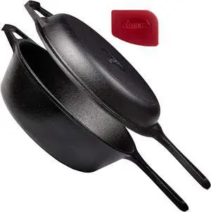 Cuisinel Cast Iron Skillet + Lid - 2-In-1 Multi Cooker - Deep Pot + Frying Pan - 3-Qt Dutch Oven - Pre-Seasoned Oven Cookware - Works for Bread, Indoor/Outdoor, Grill, Stovetop and Induction