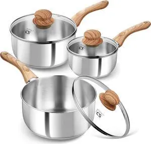 KOCH SYSTEME CS Stainless Steel Saucepan Set, 6 Piece Sauce Pan Set 1QT & 2QT & 3QT with Heat-resistant Bakelite Handle, Cool-Touch Stainless Steel Pot Set, Sauce Pans Induction Ready