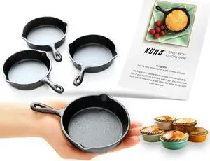 KUHA Mini Cast Iron Skillets 4 (Pack of 4) - Black Non Stick Frying Pans with 4 Small Silicone Trivets and Scraper - Set of Miniature Skillets, Small Frying Pan Skillet with Lid - Cast Iron Pan Set