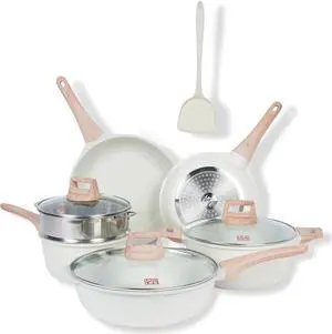 Ucclife 10pcs Pots and Pans Set Nonstick, Granite Frying Pans Induction Kitchen Cookware Sets, with Wood Print Handles Frying Pans, Saucepans, Steamer Shovel Spoon, Beige Ucclife 10pcs Pots and Pans Set Nonstick, Granite Frying Pans Induction Kitchen Cookware Sets, with Wood Print Handles Frying Pans, Saucepans, Steamer Shovel Spoon, Beige