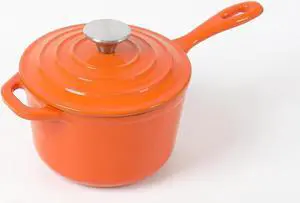 HAWOK Enameled Cast Iron Mini Saucepan, 1QT Saucepan with Lid and Long Handle, Orange