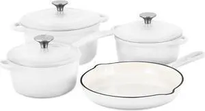 Basque Enameled Cast Iron Cookware Set (Blanc White), 7-Piece Set, Nonstick, Oversized Handles, Oven Safe; 10.25" Skillet, 2QT Saucepan, 2.25QT Small Dutch Oven, 4.75QT Large Dutch Oven