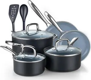 Cook N Home Pots and Pans Nonstick Ceramic Kitchen Cookware Sets Include Saucepan, Frying Pans, Stockpot with Lids, Nylon Utensils, 10-Piece, Heavy Gauge, Black & Gray