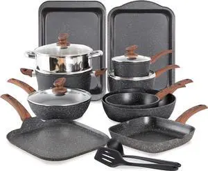 MAISON ARTS 17 Piece Pots and Pans Set Non Stick, Kitchen Cookware Sets with Nonstick Granite Stone Coating, Suitable for Induction Cooktops, Black
