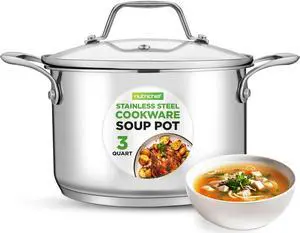 NutriChef 3-Quart Stainless Steel Soup Pot - 18/8 Food Grade Heavy Duty Cookware, Stock Pot, Stew Pot, Simmering Pot Kitchenware w/See Through Lid, Dishwasher Safe, For Induction Gas Ceramic Cooktops
