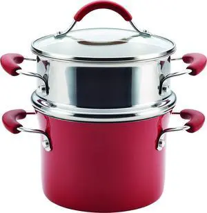 Rachael Ray Cucina Nonstick Sauce Pot/Saucepot with Steamer Insert and Lid, 3 Quart, Cranberry Red