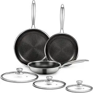 6 Pieces Stainless Steel Frying Pan Set with Lids, Honeycomb Nonstick Frying Pan Set 3 Pcs,Induction Skillet Set Egg Omelette Frying Pan Set W/Lid, Induction Compatible, PFOA Free