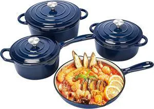 QuliMetal Nonstick Enameled Cast Iron Cookware Set, Frying Pan Skillet- 7-Pcs Pots and Pans with Lid, Healthy Round Dutch Oven Pot for Sourdough Bread Baking, Oven Safe up to 500° F or on All Stovetop