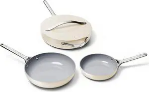 Caraway 4-Piece Fry Pan Set - Non-Stick Frying Pans (10.5 & 8) & Non-Stick Sauté Pan - Non Toxic, PTFE & PFOA Free - Oven Safe & Compatible with All Stovetops (Gas, Electric & Induction) - Cream