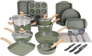 MAISON ARTS 30 Piece Pots and Pans Set Non Stick, Kitchen Cookware & Bakeware Sets with Nonstick Granite Coating, Baking Tray, Frying Pan and Saucepan, Green