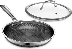 HexClad Hybrid Nonstick 10-Inch Fry Pan with Tempered Glass Lid, Stay-Cool Handle, Dishwasher and Oven Safe, Induction Ready, Compatible with All Cooktops