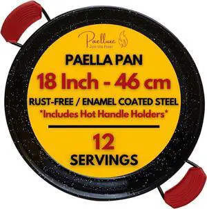 Paella Pan  Enamelled, No-Rust Steel Skillet  Perfect for Propane & Gas Burners  Indoor & Outdoor Cooking Cacerola Paellera Sarten  18 Inch, for 12 Servings