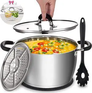 AOSION 6 Quart Stainless Steel Stockpot, Large Stock Pot with Lid for Cooking, Induction Cooking Pot for All Stoves, Dishwasher Safe, Stockpot with Silicone Trivet Mat, Steamer Rack, Spaghetti Fork AOSION 6 Quart Stainless Steel Stockpot, Large Stock Pot with Lid for Cooking, Induction Cooking Pot for All Stoves, Dishwasher Safe, Stockpot with Silicone Trivet Mat, Steamer Rack, Spaghetti Fork