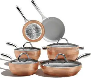 COOKSMARK 10-Piece Diamond Nonstick Ceramic Induction Cookware Set Scratch-Resistant Pots and Pans Set with Lids, Dishwasher Safe Oven Safe, Copper COOKSMARK 10-Piece Diamond Nonstick Ceramic Induction Cookware Set Scratch-Resistant Pots and Pans Set with Lids, Dishwasher Safe Oven Safe, Copper