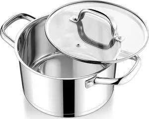 E-far Stainless Steel Stockpot, 5 Quart Pot with Glass Lid for Soup Pasta, Induction Nontoxic Cooking Pot for All Stoves, Thick Tri-Ply Bottom & Double Riveted Handle, Oven & Dishwasher Safe