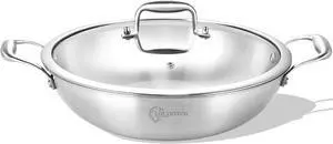 LOLYKITCH 12 Inch Tri-Ply Stainless Steel Wok Pan with Lid,5 QT Deep Stir-Fry Pan,Jumbo Cooker,Induction Cooking Pan,Heavy Duty,Dishwasher and Oven Safe.