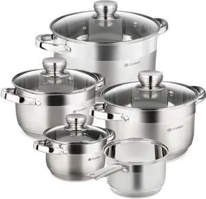 Daniks Standard 9-Piece Stainless Steel Induction Cookware Set, Dishwasher Safe Pots and Saucepan, Measuring Scale, Glass Lids, For Soup, Pasta, Stew, Silver