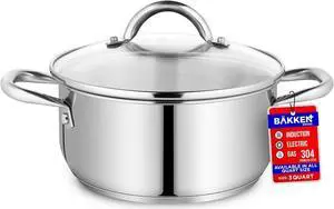 Bakken-Swiss Deluxe 3-Quart Stainless Steel Stockpot w/Tempered Glass See-Through Lid - Simmering Delicious Soups Stews & Induction Cooking - Exceptional Heat Distribution - Heavy-Duty & Food-Grade