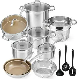 Duxtop 17PC Professional Stainless Steel Induction Cookware Set, Stainless Steel Ceramic Nonstick Pan Set, Impact-bonded Technology, FUSION Titanium Reinforced Ceramic Coating, Brown Duxtop 17PC Professional Stainless Steel Induction Cookware Set, Stainless Steel Ceramic Nonstick Pan Set, Impact-bonded Technology, FUSION Titanium Reinforced Ceramic Coating, Brown
