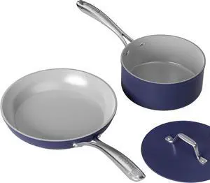 CIARRA Non Stick Frying Pan (10.2") & Ceramic Sauce Pan (3qt) - Non Toxic, PTFE & PFOA Free - Oven Safe & Compatible with All Stovetops, Blue