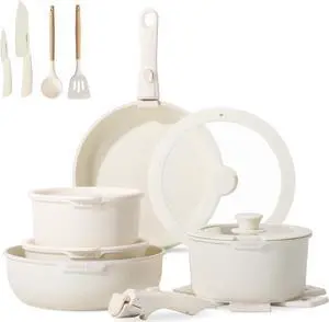 JEETEE Pots and Pans Set Non Stick 19pcs, Kitchen Cookware Sets with Detachable Handle, Induction Nonstick Cookware Set with Removable Handle, Stackable RV Cookware, Oven Safe, PFOA Free, Beige