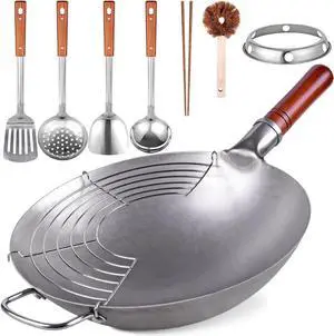 Carbon Steel Wok Traditional Hand Hammered Wok - 13.4" Chinese Wok Round Bottom Wok Pan Set with 8 Pcs Cookware Accessories