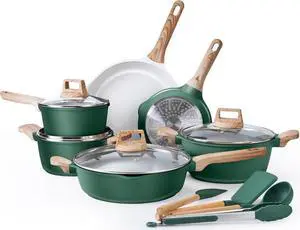 Country Kitchen Pots and Pans Set Nonstick, Cast Aluminum Kitchen Cookware Set with Utensils, 14 Pcs Non Stick Cooking Set w/Frying Pans & Saucepans, Sage