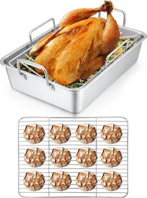 15.3 Inch Roasting Pan with V-shaped Rack & Flat Cooling Rack Set, Herogo Stainless Steel Turkey Roaster Pan for Thanksgiving Christmas, Dishwasher Safe