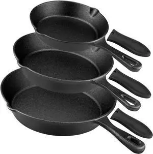Pre-Seasoned Cast Iron Skillet 3 piece Cast Iron Frying Pan set with Heat-Resistant Handles - 6 inch, 8 inch and 10 inch Cast Iron Set, For Frying, Saute, Pizza, Oven Safe (Black)
