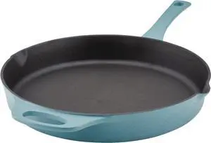 Rachael Ray NITRO Cast Iron Frying Pan/Skillet with Helper Handle and Pour Spouts, 12 Inch, Agave Blue