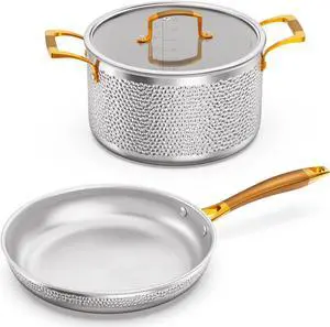 Stainless Steel Pots and Pans Set, Tri-Ply Hammered Kitchen Cookware with Glass Lids, Induction Compatible, Non-Coated, Non-Toxic, 3-Piece