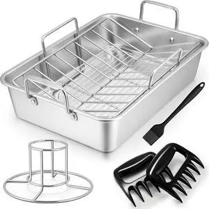 TeamFar Roasting Pan, Large Turkey Roaster Pan Stainless Steel with V Rack & Cooling Rack, Beer Can Chicken Holder & Meat Claws for Shredding & Silicone Brush, Healthy & Dishwasher Safe - 7 Pcs